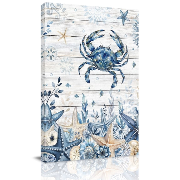 Ocean Crab Canvas Wall Art for Living Room, Blue Yellow Sea Star Shell Coral White Wood Grain Wall Decor Framed Artwork Pictures Ready to Hang for Bedroom Office Home Decor