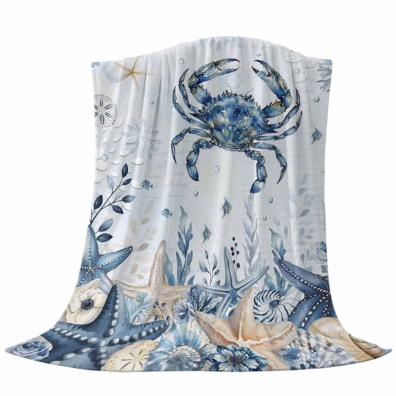 Ocean Crab Fleece Throw Blanket Blue Yellow Sea Star Shell Coral Blue Ultra Soft Fuzzy Cozy Flannel Throw Blanket for Couch Sofa Bed Car Travel, Ideal Gifts 40x50 Inches