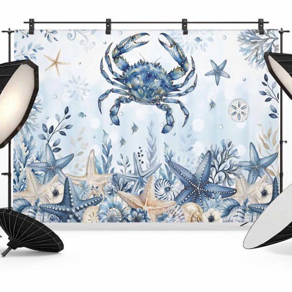 Ocean Crab Photography Backdrop 7x5FT, Blue Yellow Sea Star Shell Coral Gradient Blue Photo Backdrops, Background for Photography Studio Photo Studio Background, Back Drop for Photoshoot