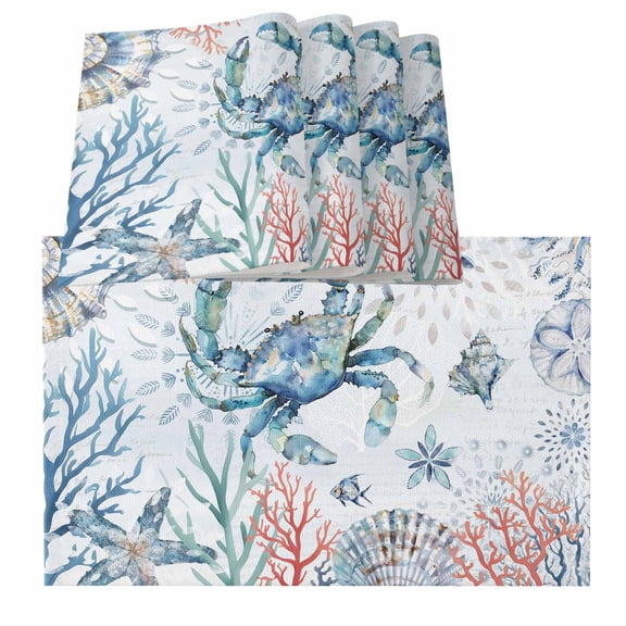 Ocean Crab Placemats for Dinning Table Set of 4, Summer Coastal Coral Flower Shells Burlap Kitchen Place Mats Waterproof Cloth Table Mats, Indoor Outdoor Placemats Easy Clean Dinner Decor