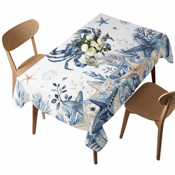Ocean Crab Rectangle Tablecloth Blue Yellow Sea Star Shell Coral Waterproof Wrinkle Free Soft Table Cloth Spill-Proof Washable Table Cover for Dining Party Picnic 52 x 70 Inch