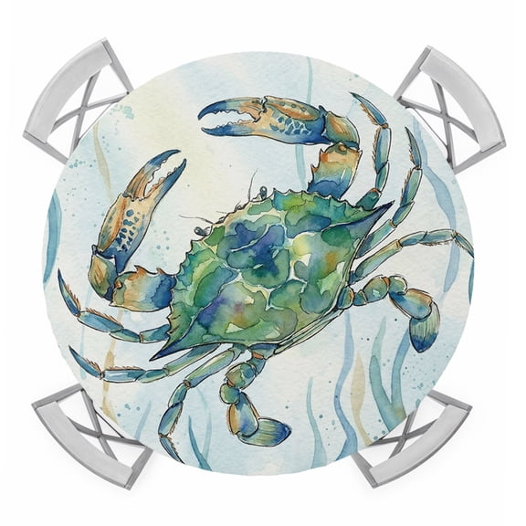 Ocean Crab Round Table Cover, Vintage Nautical Coastal Sea Watercolor Blue Green Seaweed Waterproof Fitted Tablecloths for 36"-44" Tables, Washable Picnic Table Cover for Dining Indoor Outdoor