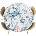 thumbnail image 1 of Ocean Crab Round Tablecloth, Fitted Table Cover with Elastic for 45"-54" Round Tables, Summer Coastal Coral Flower Shells Table Cloth Outdoor Indoor Dinning Party Waterproof Tablecloths, 1 of 7
