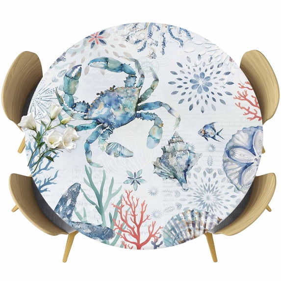 Ocean Crab Round Tablecloth, Fitted Table Cover with Elastic for 45"-54" Round Tables, Summer Coastal Coral Flower Shells Table Cloth Outdoor Indoor Dinning Party Waterproof Tablecloths