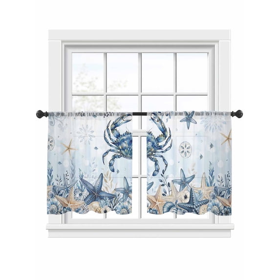 Ocean Crab Sheer Curtains 2 Panels Set Blue Yellow Sea Star Shell Coral ...