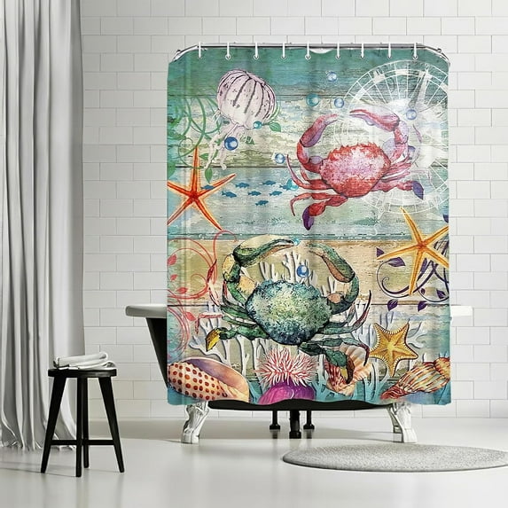 Ocean Crab Shower Curtain Nautical Colorful Sea Life Crab Bathroom Decor Shower Curtain Fabric Polyester Waterproof with Plastic Hooks 72" X 72"