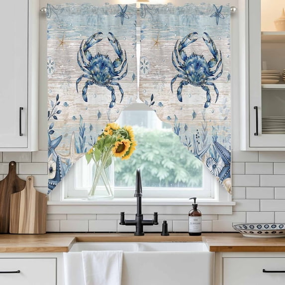 Ocean Crab Swag Curtain Valance for Windows, Blue Yellow Sea Star Shell ...