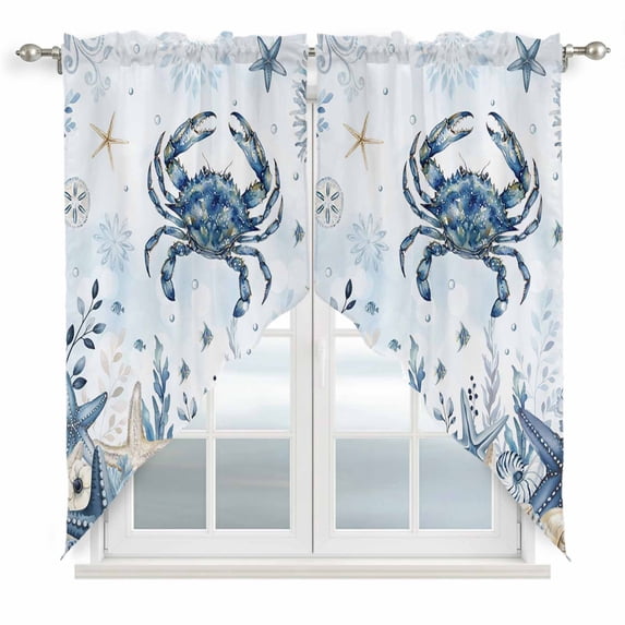 Ocean Crab Swag Valances for Windows 2 Pack Blue Yellow Sea Star Shell Coral Gradient Blue Swag Kitchen Curtains 36 Inches Long Rod Pocket Short Window Treatment for Kitchen Bathroom 28"x36"