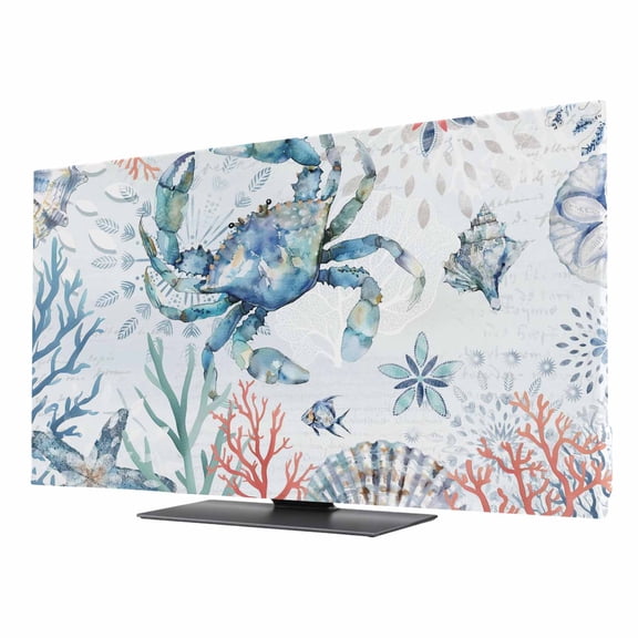 Ocean Crab TV Cover for 24 Inch Screen, Stretch Fabric Dustproof TV Display Protector, Summer Coastal Coral Flower Shells Elastic Slipcover Monitor Cover for Indoor Desktop Computer 20.9"x11.8"