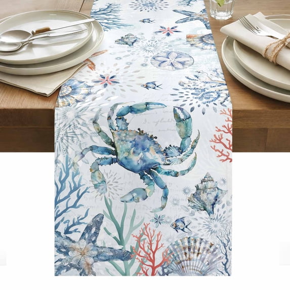 Ocean Crab Table Runner - 108 Inch Long, Kitchen Dining Table Runner Dresser Scarves, Summer Coastal Coral Flower Shells Farmhouse Decor for Coffee Tables Wedding Party Banquet