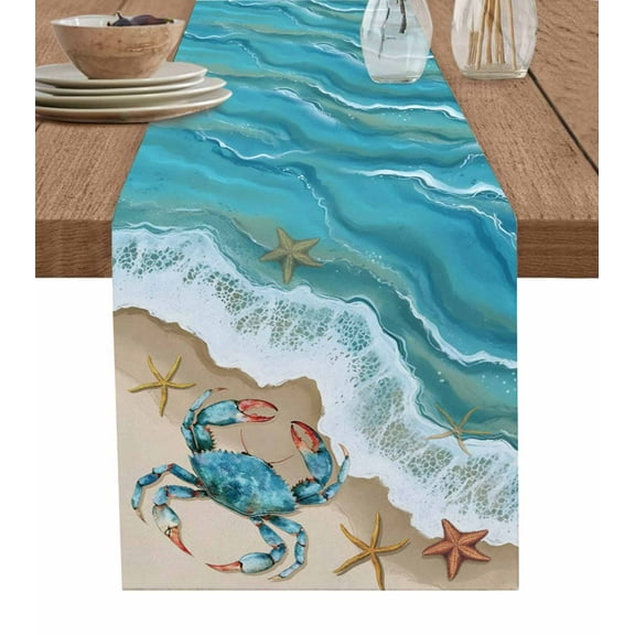 Ocean Crab Table Runner 36 Inches, Beach Starfish Seashore Gradient Sea Waves Bed Runner Dresser Scarves Tabletop for Indoor Outdoor Parties/Ceremony/Banquet, 13"x 36"