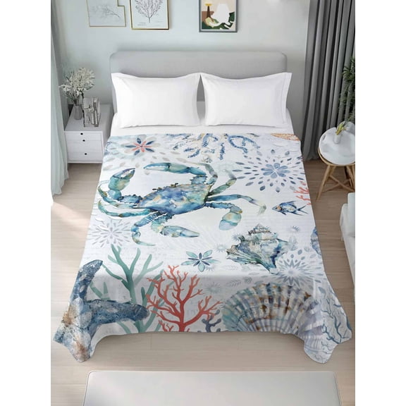 Ocean Crab Twim Size Flat Sheet, Wrinkleproof & Fadeproof Cooling Flat Bed Sheet Only, Summer Coastal Coral Flower Shells Breathable Soft Bedding Top Sheets 66 x 96 Inches