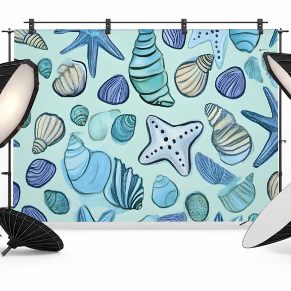 Ocean Creature Backdrop for Photography, Conch Blue Shell Sea Starfish Cartoon Photo Backdrop Portrait Background Party Banner Photo Backgrounds for Studio Booth Props, 10x8ft