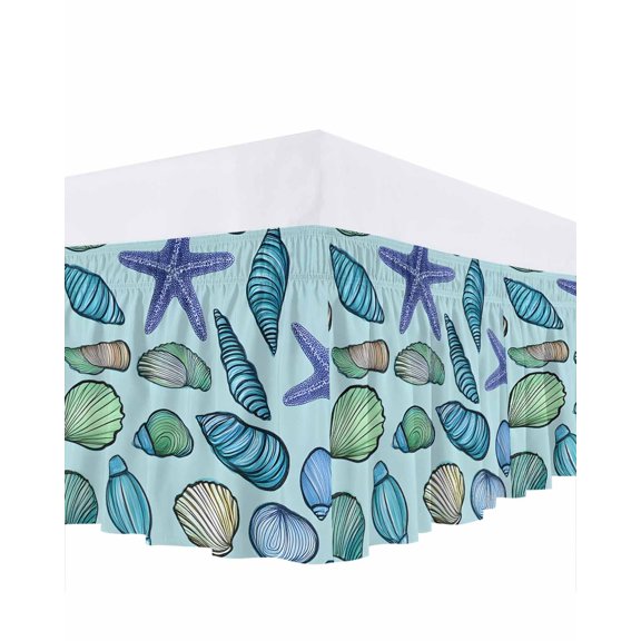 Ocean Creature Bed Skirt Queen Size 16" Drop Conch Blue Shell Purple Sea Starfish Ruffled Wrap Around Bed Skirts Adjustable Elastic Bedskirt Dust Ruffle for Queen Size Bed