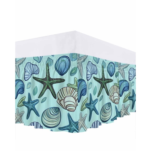 Ocean Creature Bed Skirt Queen Size 16" Drop Conch Blue Shell Sea Starfish Modern Art Ruffled Wrap Around Bed Skirts Adjustable Elastic Bedskirt Dust Ruffle for Queen Size Bed