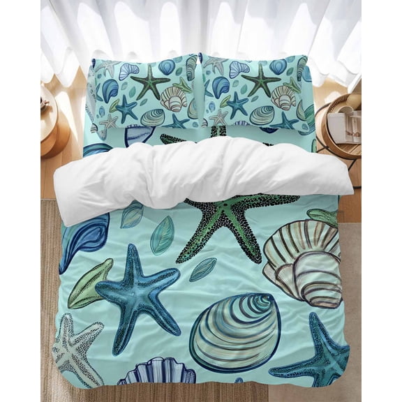 Ocean Creature Bedding Duvet Cover Set Queen Size 4 Pieces Conch Blue Shell Sea Starfish Modern Art Bedding Set with Zipper Closure, 1 Comforter Cover 90x92 Inches 1 Flat Sheet & 2 Pillow Cases