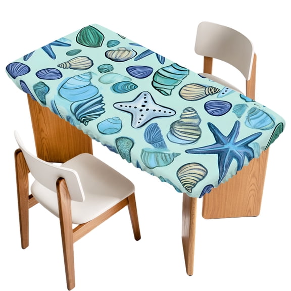 Ocean Creature Fitted Rectangle Tablecloth 24" x 36" Conch Blue Shell Sea Starfish Cartoon Elastic Table Cloth Fits for 3 Foot Folding Tables Waterproof Table Cover for Picnic Camping Outdoor