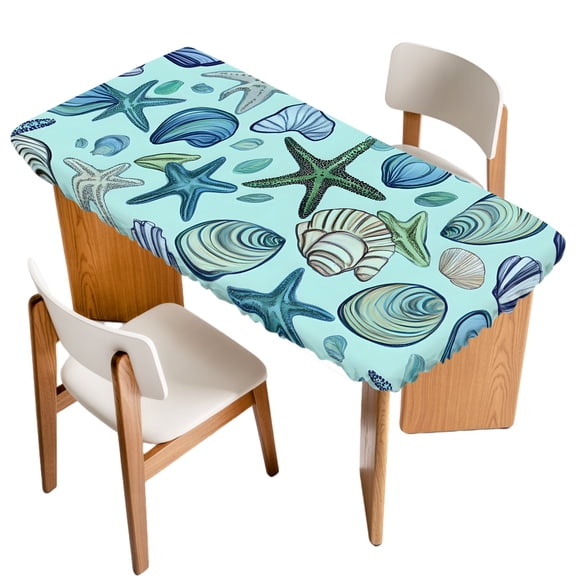 Ocean Creature Fitted Rectangle Tablecloth 24" x 36" Conch Blue Shell Sea Starfish Modern Art Elastic Table Cloth Fits for 3 Foot Folding Tables Waterproof Table Cover for Picnic Camping Outdoor