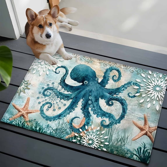 Ocean Creature Front Door Rugs 2x3 ft Eight Pawfish Corals Sea Stars Small Rug for Entryway Non Slip Washable Bathroom Door Mat Absorbent Floor Mat for Indoor Entrance