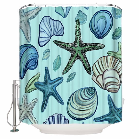 Ocean Creature Shower Curtain, 36" x 72", Conch Blue Shell Sea Starfish Modern Art Waterproof Bathroom Curtain Washable Shower Curtain Set with 12 Hooks