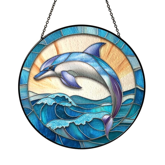 Ocean Creature Stained Glass Panel – Wave Inspired Circular Window Decor