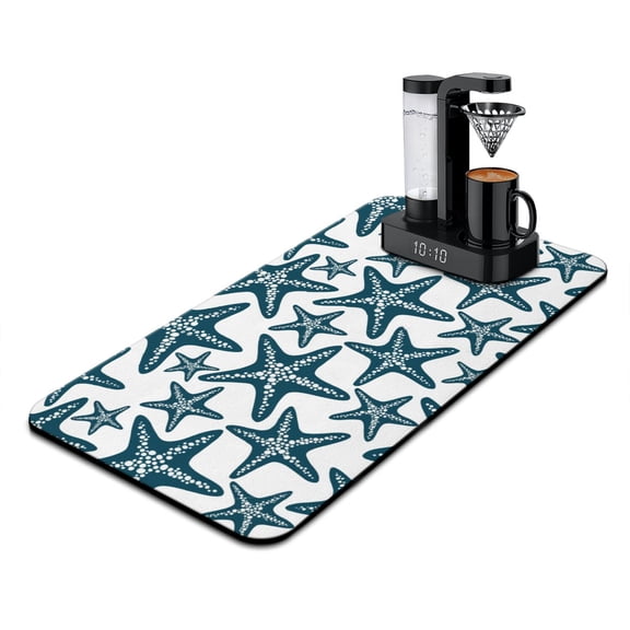 Ocean Creatures Coffee Bar Mat Fish & Seahorse Print, 4-Layer Absorbent Non-Slip Mat for Coffee Stations