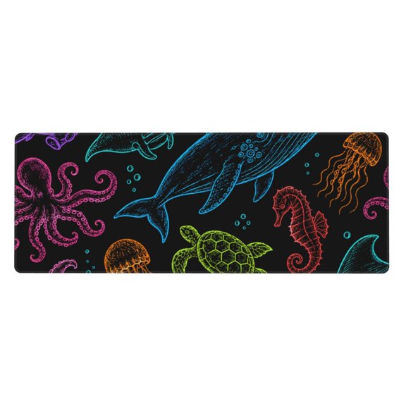 Ocean Creatures Neon Doodle Mouse Pad Extended Large Gaming Mousepad Non-Slip Rubber Big Keyboard Desk Mat 31.5 X 11.8 Inch