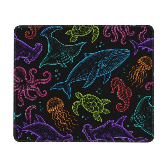 Ocean Creatures Neon Doodle Mouse Pad Non-Slip Rubber Gaming Mousepad Rectangle for Computers Laptop 7 x 8.6 in