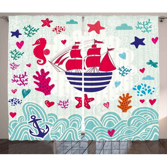 Ambesonne Ocean Curtains 2 Panel Set, Sailing Ship Anchor Sea, 108