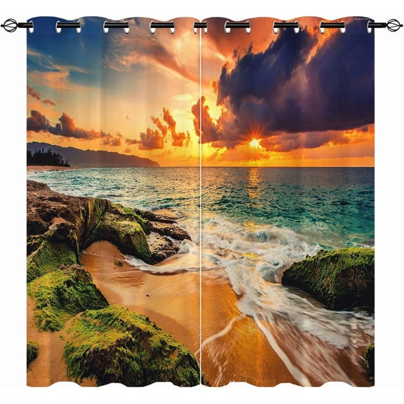 Ocean Curtains, Beach Tropical Hawaiian Island Sunset Sea Waves Landscape Print Pattern Waterproof Grommet Window Drapes for Bedroom Living Room Laundry Room Closet Cafe 2 Panels W52 x L84