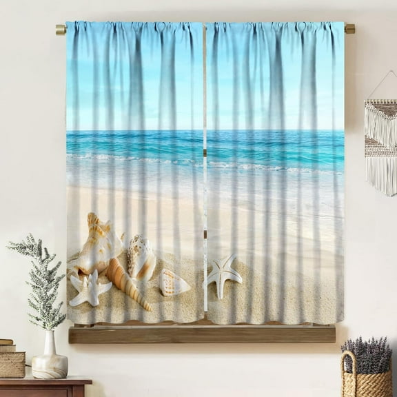 Ocean Curtains, Hot Summer Beach Seaside Scenery Starfish Shells Nautical Sea Life Print Blackout Rod Pocket Window Treatments Drapes for Bedroom Living Room Kitchen 55" W X 63" L
