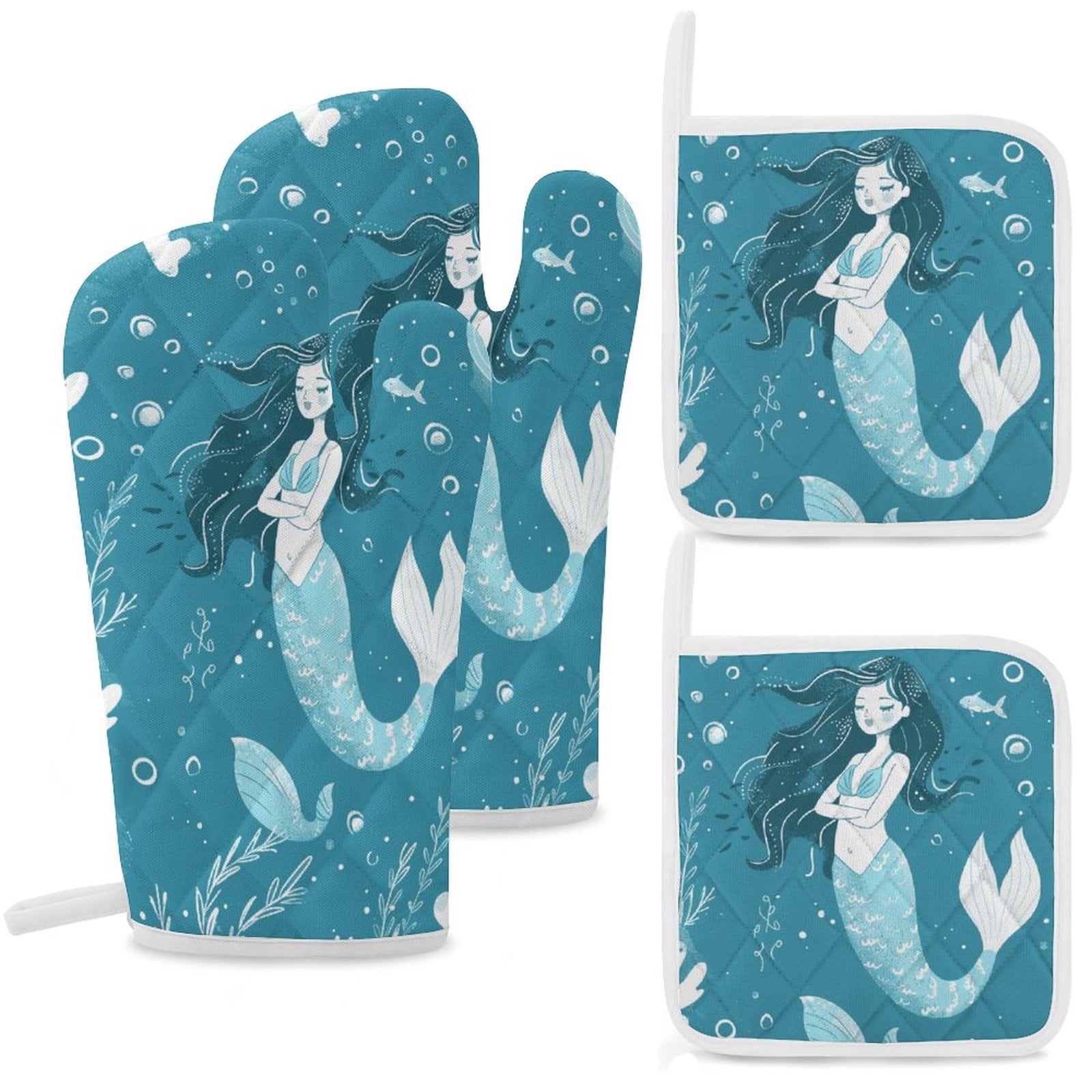 Ocean Cute Mermaid Heat Resistant Microwave Oven Gloves Set for BBQ Baking Grilling,Baking Gifts Cooks for Women,Housewarming Gifts for New Home