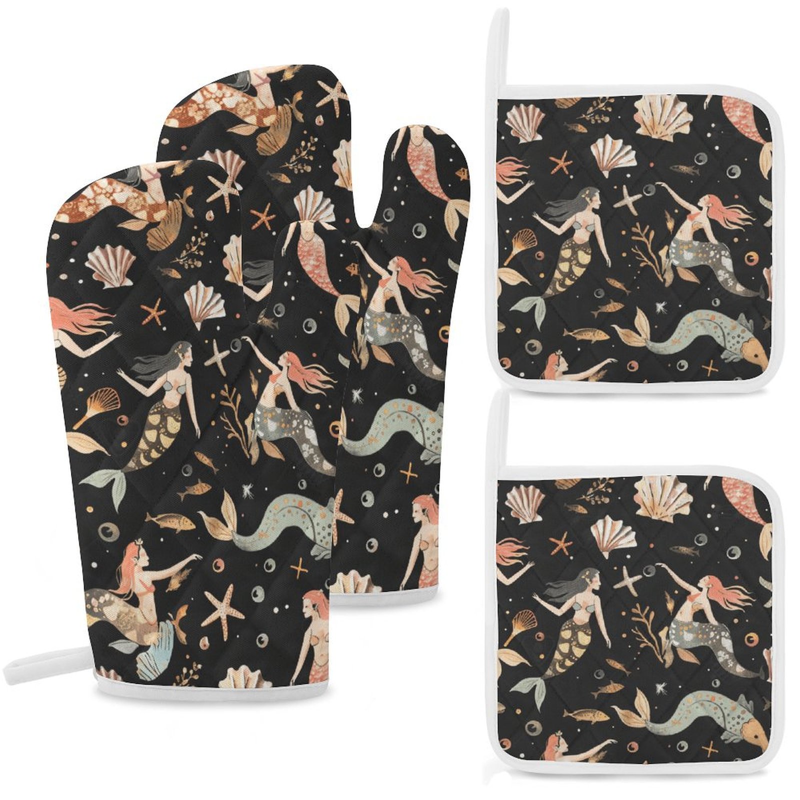 Ocean Cute Mermaid Heat Resistant Microwave Oven Gloves Set for BBQ Baking Grilling,Baking Gifts Cooks for Women,Housewarming Gifts for New Home