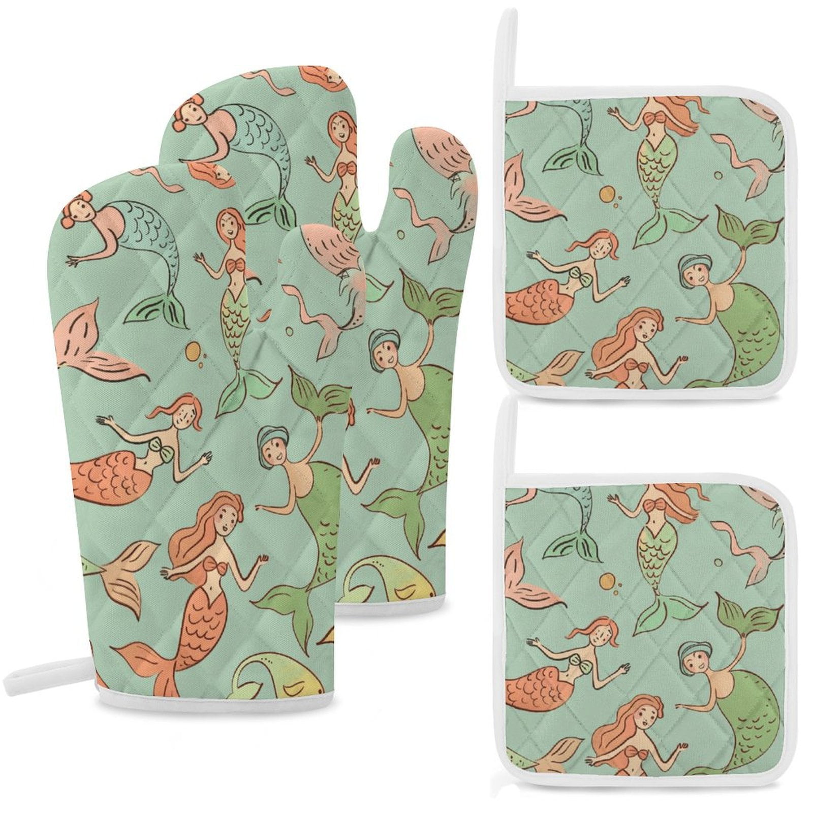 Ocean Cute Mermaid Insulated Gloves And Pot Mats (four Piece Set)
