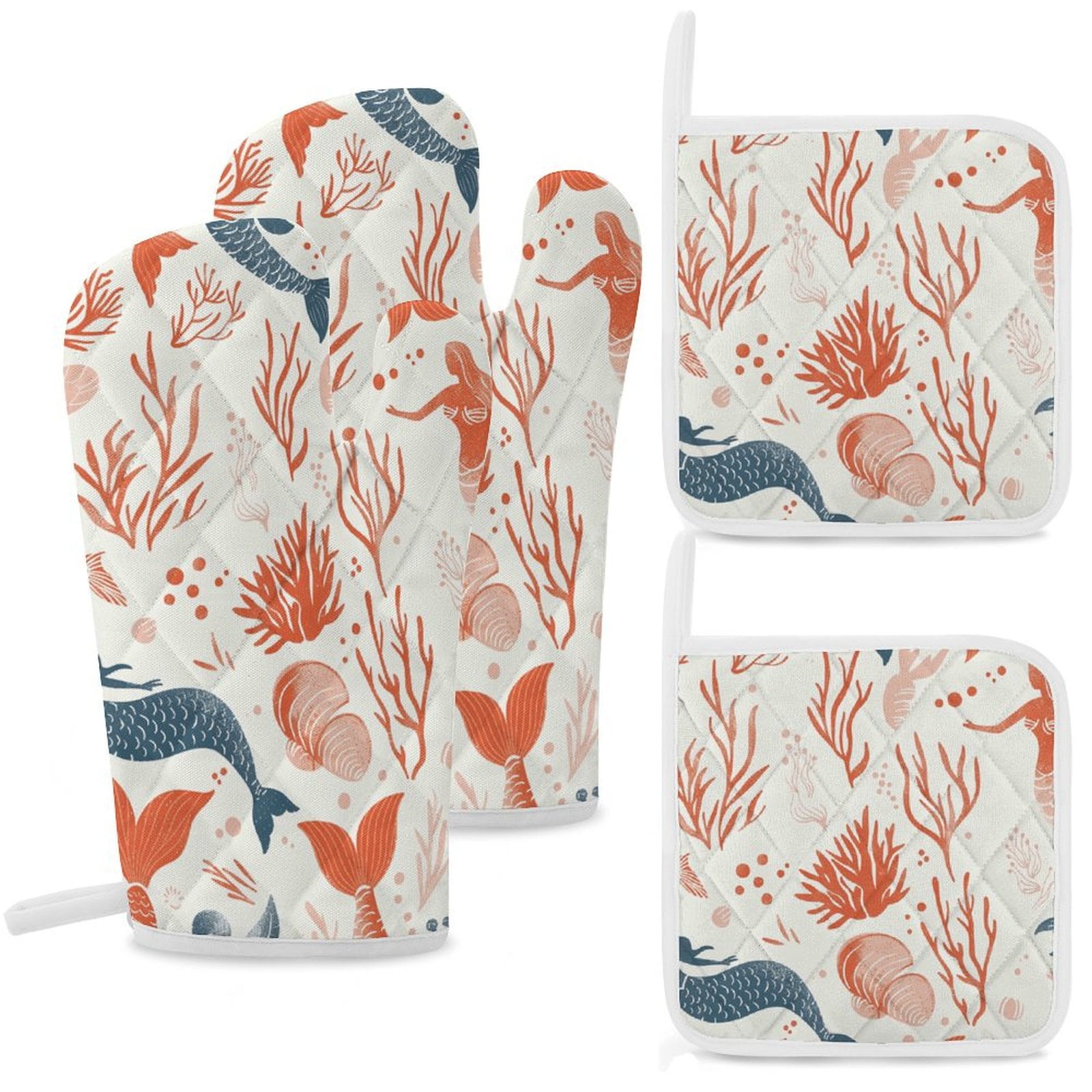 Ocean Cute Mermaid Insulated Gloves And Pot Mats (four Piece Set)
