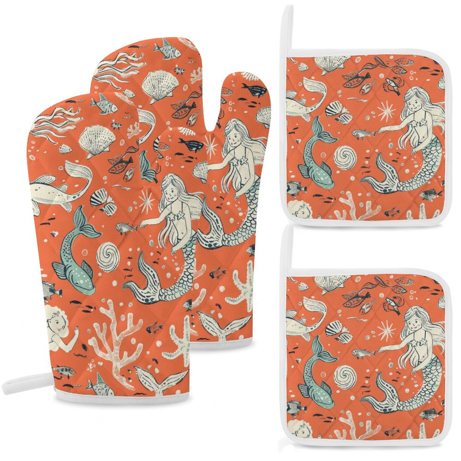 Ocean Cute Mermaid Oven And Pot Holders Sets, Heat Resistant Pads Kitchen Decor for Cooking Baking BBQ Grilling, Christmas Kitchen Gifts