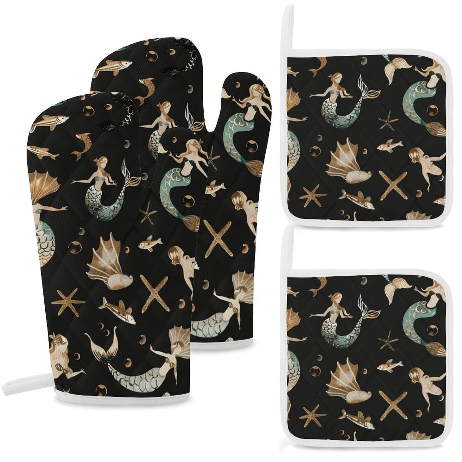 Ocean Cute Mermaid Oven Mitt And Pot Holder Set Oven Glove for Kitchen Baking Cooking Grilling
