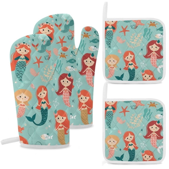 Ocean Cute Mermaid Oven Mitt And Pot Holder Set Oven Glove for Kitchen Baking Cooking Grilling