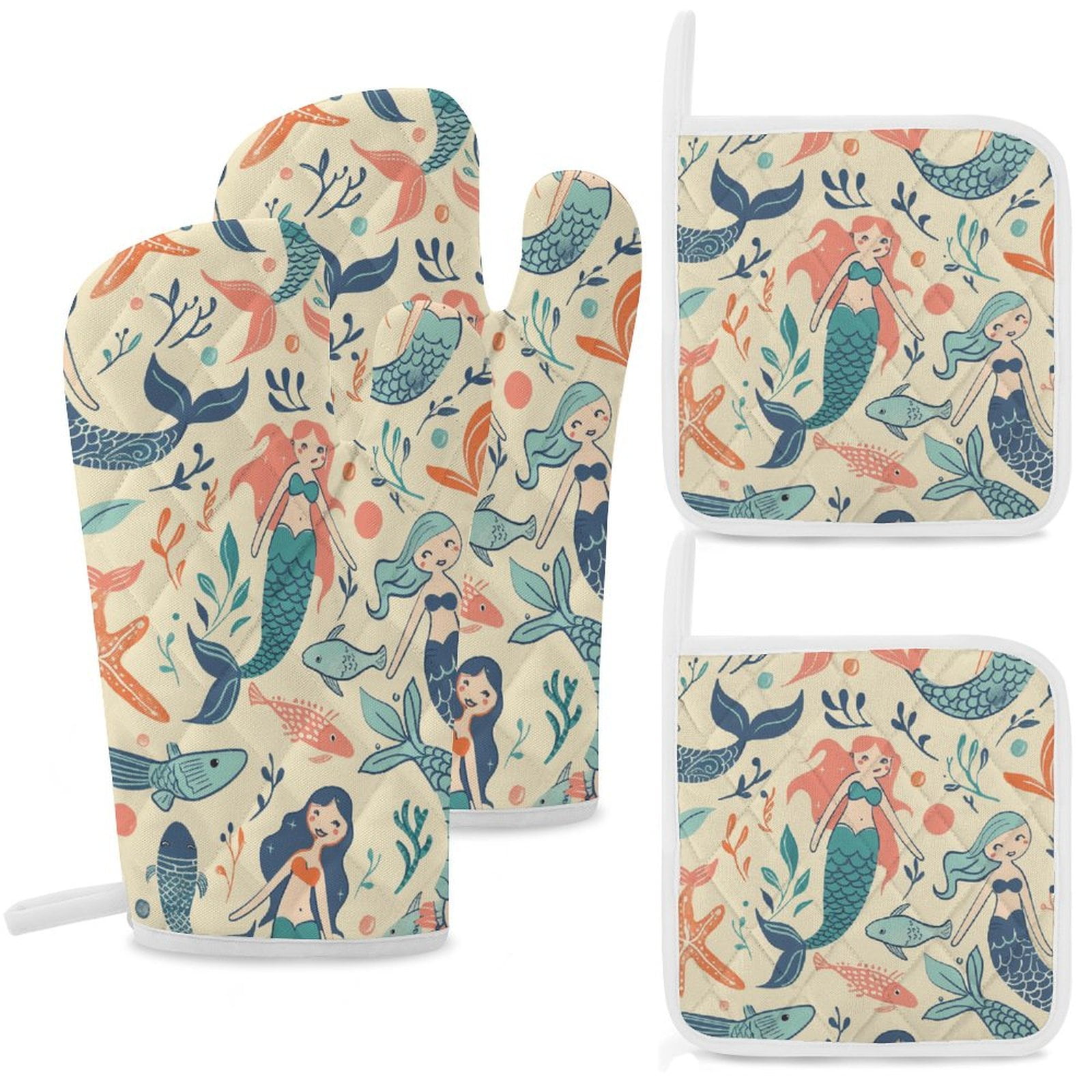 Ocean Cute Mermaid Oven Mitt And Pot Holder Set Oven Glove for Kitchen Baking Cooking Grilling