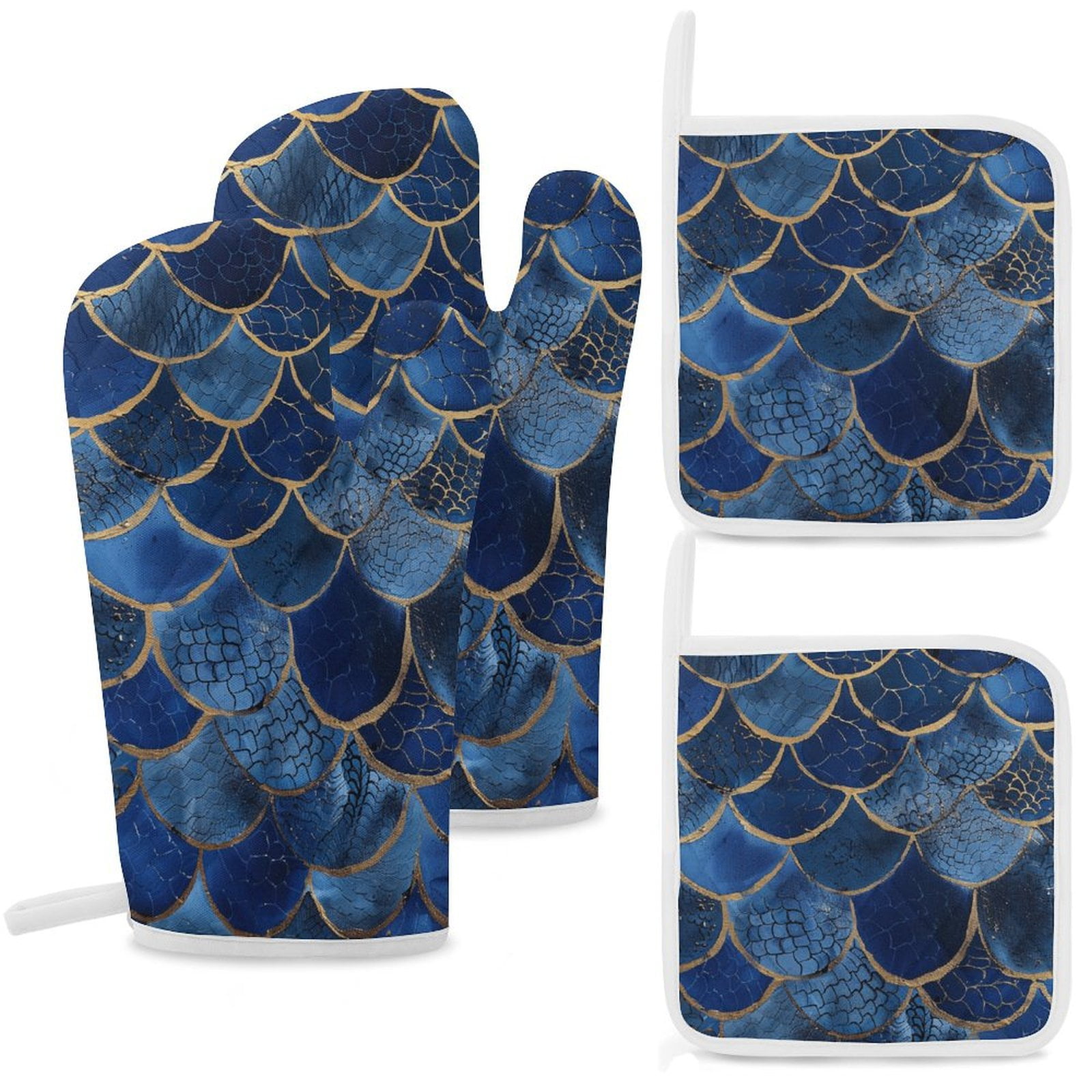 Ocean Cute Mermaid Oven Mitts And Pot Holders Sets of 4 Oven Gloves Set Potholders for Kitchen Cooking Baking Grilling Anti Scald Hot Pads And Heat Resistant