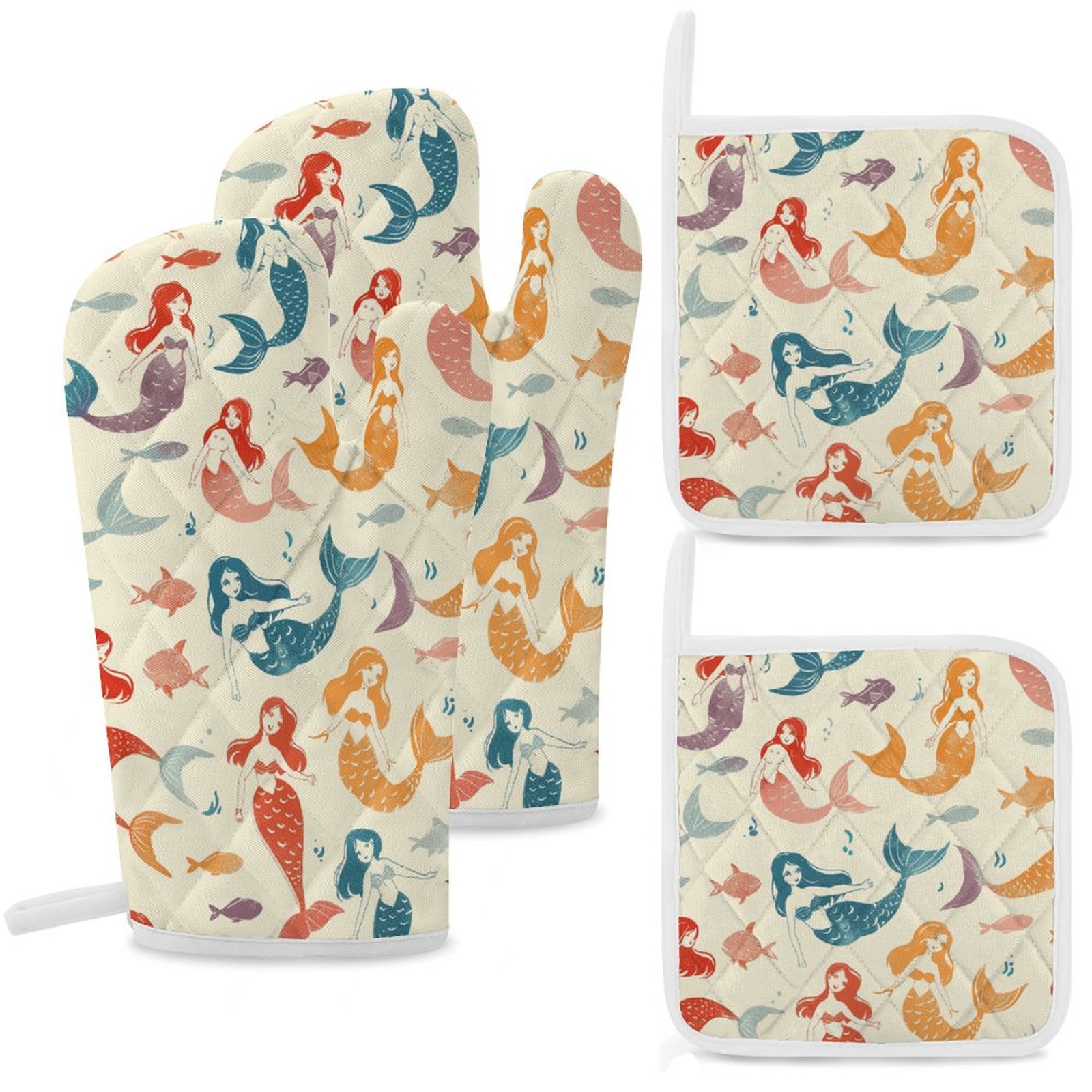 Ocean Cute Mermaid Oven Mitts And Pot Holders Sets of 4 Oven Gloves Set Potholders for Kitchen Cooking Baking Grilling Anti Scald Hot Pads And Heat Resistant