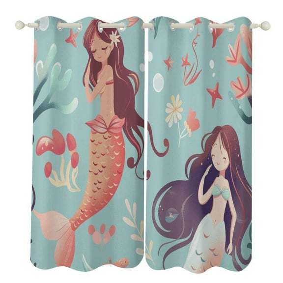Ocean Cute Mermaid Window Curtain Panels Grommet Blackout Curtains Blackout Curtains for Living Room