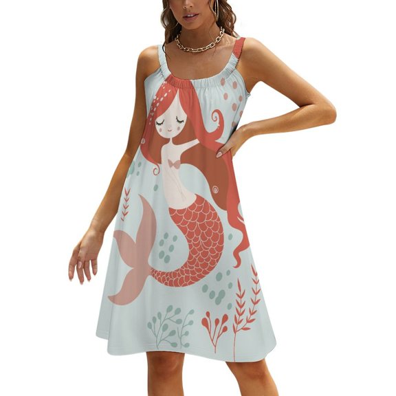 Ocean Cute Mermaid Women's Summer Dresses 2025 Beach Casual Sleeveless Floral Print Tank Loose Sundress