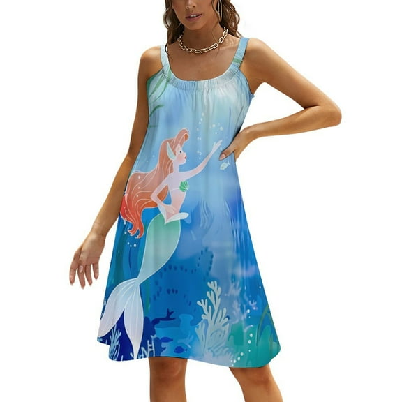 Ocean Cute Mermaid Women's Summer Dresses 2025 Beach Casual Sleeveless Floral Print Tank Loose Sundress