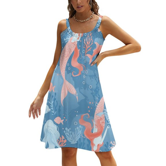 Ocean Cute Mermaid Women's Summer Dresses 2025 Beach Casual Sleeveless Floral Print Tank Loose Sundress