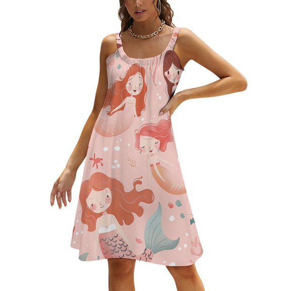 Ocean Cute Mermaid Womens Summer Dresses Casual Sleeveless Tshirt Sundresses Vacation Beach Cover Up Dress