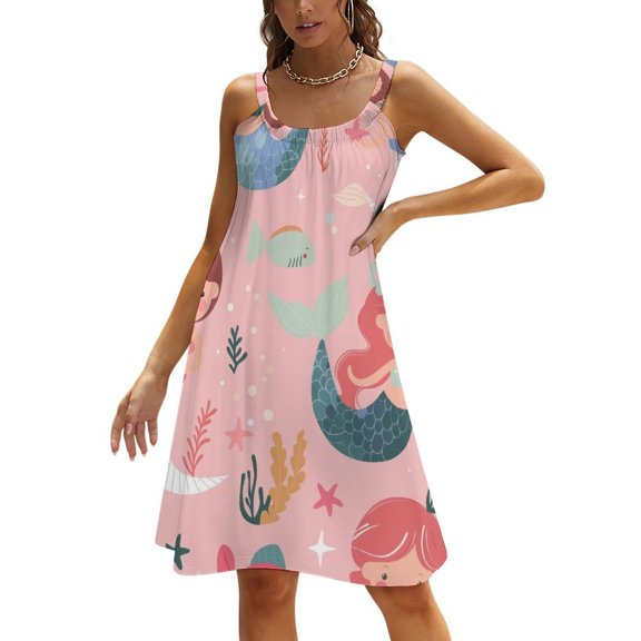 Ocean Cute Mermaid Womens Summer Dresses Casual Sleeveless Tshirt Sundresses Vacation Beach Cover Up Dress