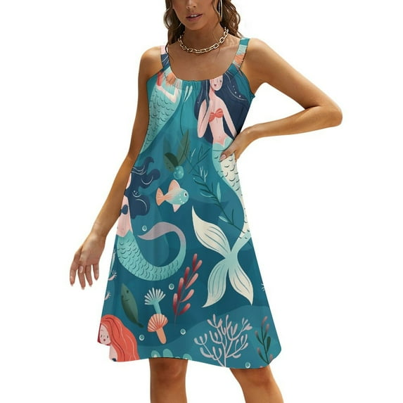 Ocean Cute Mermaid Womens Summer Dresses Casual Sleeveless Tshirt Sundresses Vacation Beach Cover Up Dress