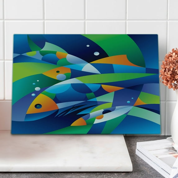 Ocean Cutting Board, Abstract Digital Geometric Pieced Fish Circle Curves Depths of the Sea Theme, Decorative Tempered Glass Cutting and Serving Board, Large Size, Multicolor, by Ambesonne