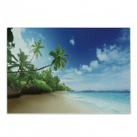 Ocean Cutting Board, Beach Sunset Tranquil Tropical Sea Waves Coconut Palms Outdoors Photo, Decorative Tempered Glass Cutting and Serving Board, Small Size, Pale Brown Green Blue, by Ambesonne
